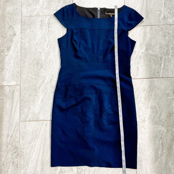 Cynthia Steffe Navy Cap Sleeve Asymmetrical Design Sheath Dress Size 8 - Picture 4 of 7